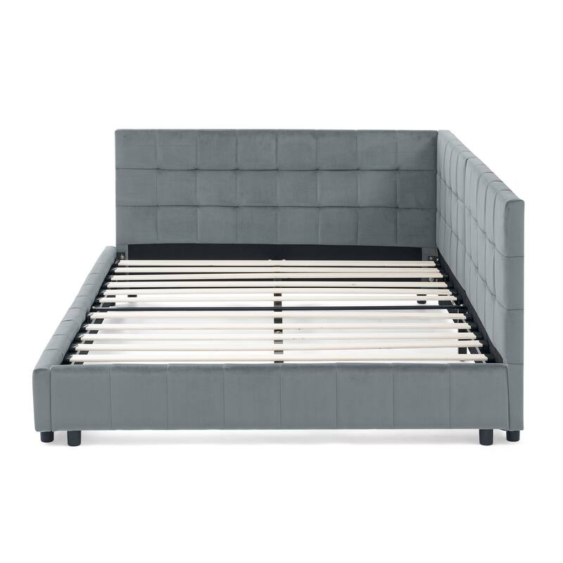 Roomfitters Full Upholstered Tufted Sofa Bed Frame with Backrest and Armrests, Velvet Platform Bed