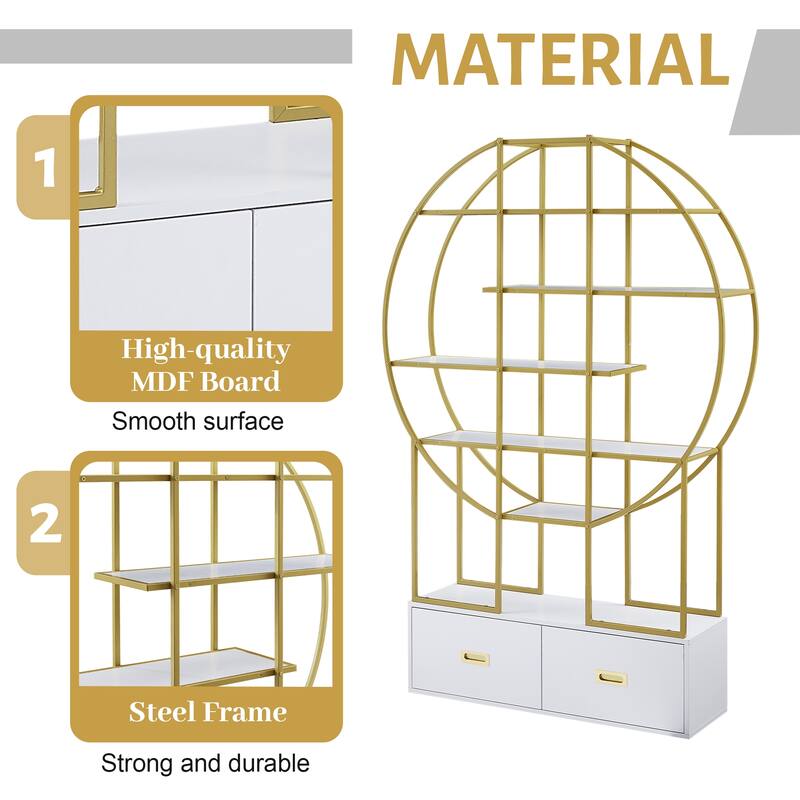 70.8 Inch Round Office Bookcase Bookshelf - Golden+White