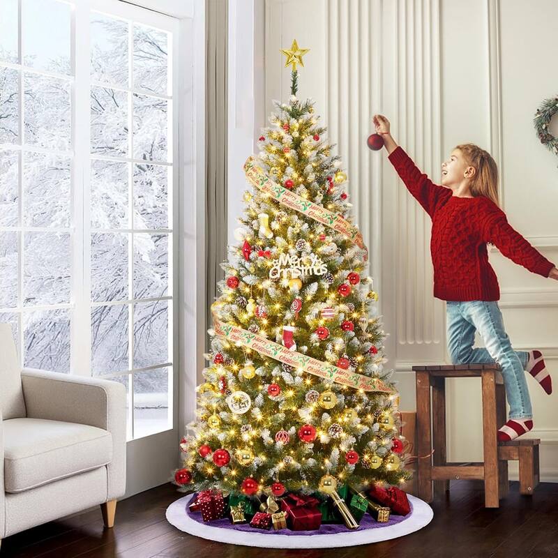 Christmas Tree, Pre-Lit 4.5 Ft Artificial Pine with LED Lights, Hinged Holiday Tree with Foldable Metal Base for Home - 7.5 Foot - Green