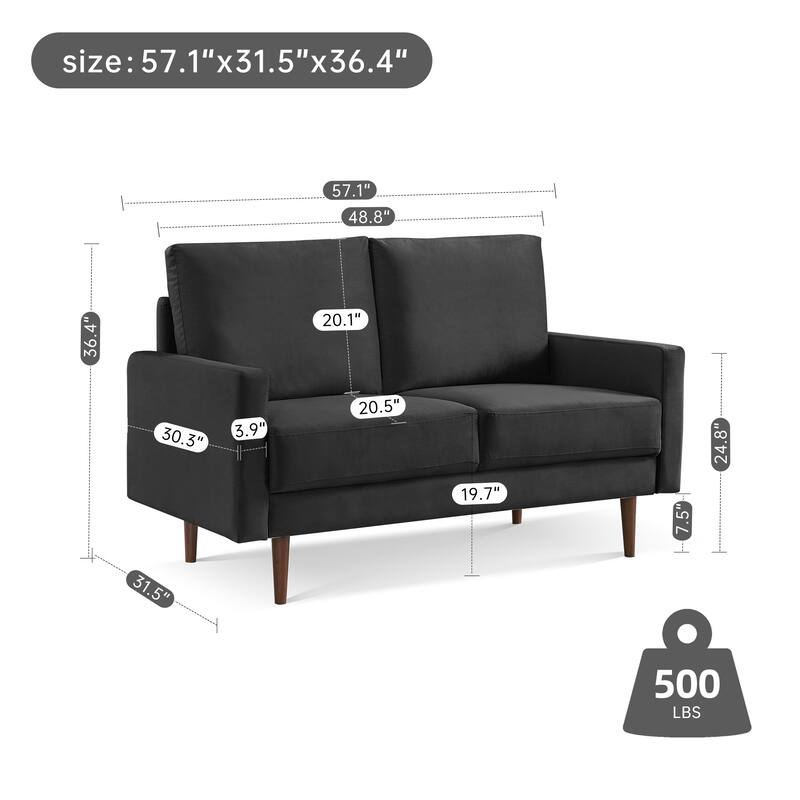 57 Inch Wide Upholstered Loveseat with Square Arms - N/A