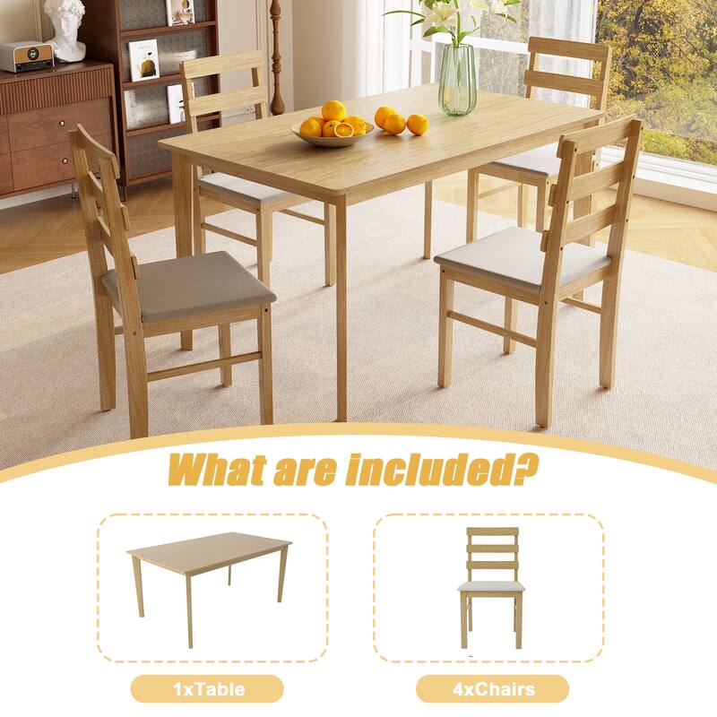 Dining Set with 4 Padded Chairs, Curved Backrest Chairs Breakfast Nook Rustic Natural Wood Table & Chairs Set