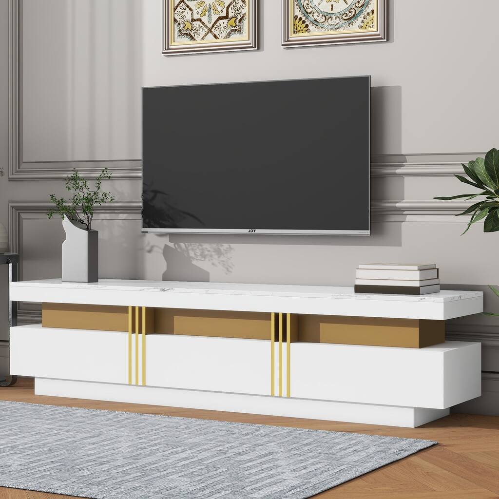White+Gold 68" TV Stand with Drawers, Faux Marble Top & Gold Panel for TVs Up to 78"