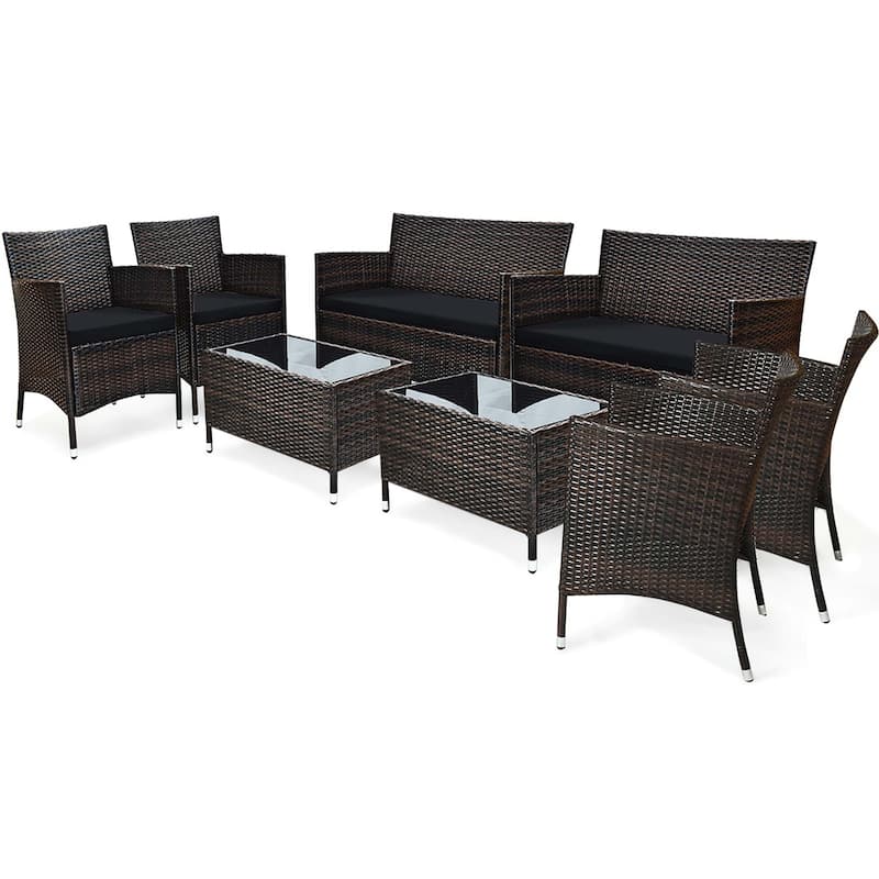 8PCS Patio Rattan Conversation Set Outdoor Furniture Set w/ End Table - Black