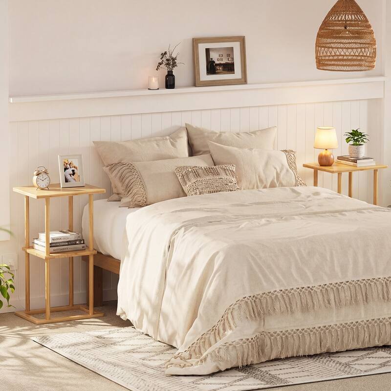 Gymax 2 Pieces Side Table w/Storage Shelves & Bamboo Construction for