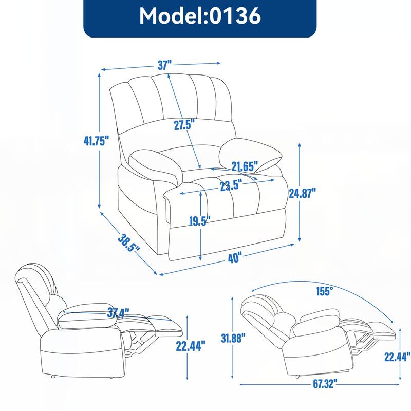 Large Manual Recliner Chair in Fabric for Living Room,Beige