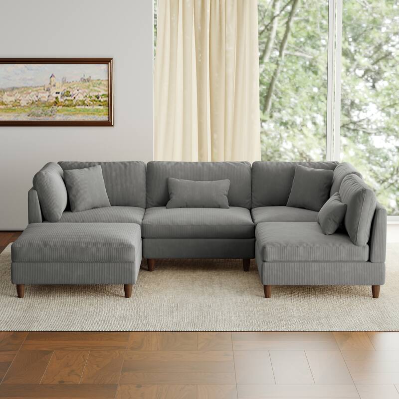 5-Piece Modern Comfy Corduroy Modular Sectional Sofa with Ottoman - Light Grey