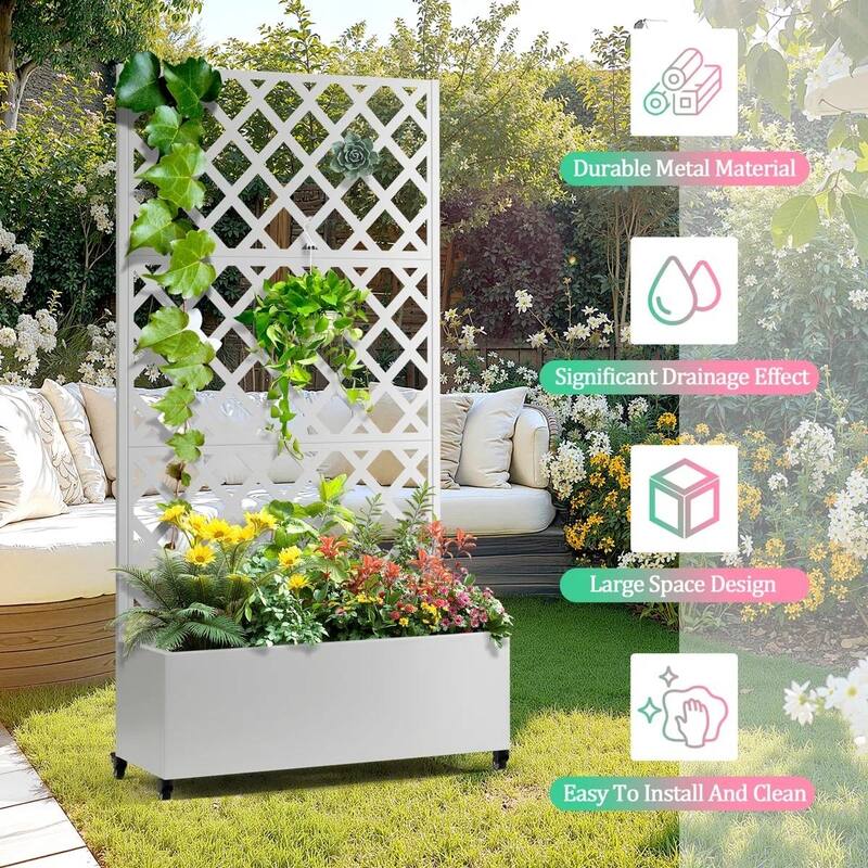 White Metal Raised Garden Bed Planter Box with Trellis Wheels for Indoor Outdoor - 35'' W X 16'' D x 73” H