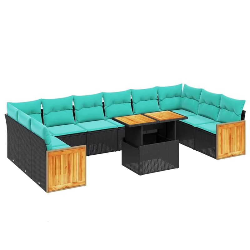 vidaXL 11 Piece Patio Sofa Set with Cushions Black/Gray Poly Rattan - 21.7 x 24.4 x 27.2