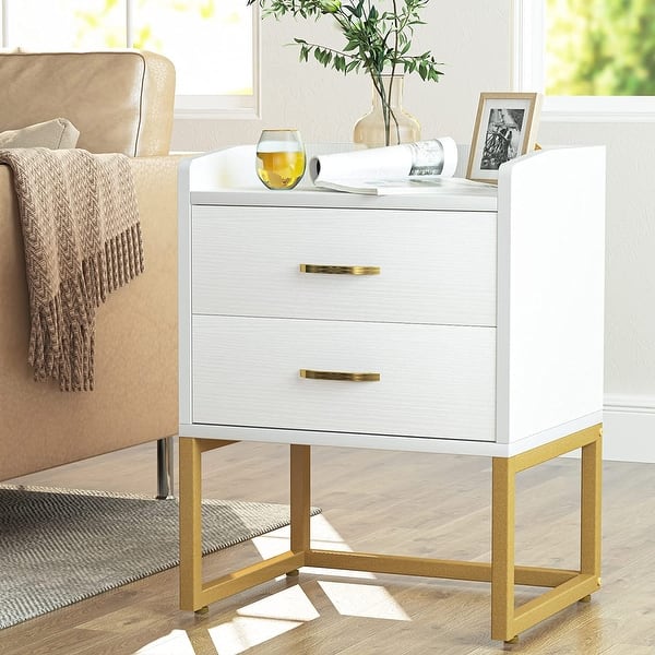 Bluebell Wood White and Gold Nightstand with 2 Drawers for Bedroom