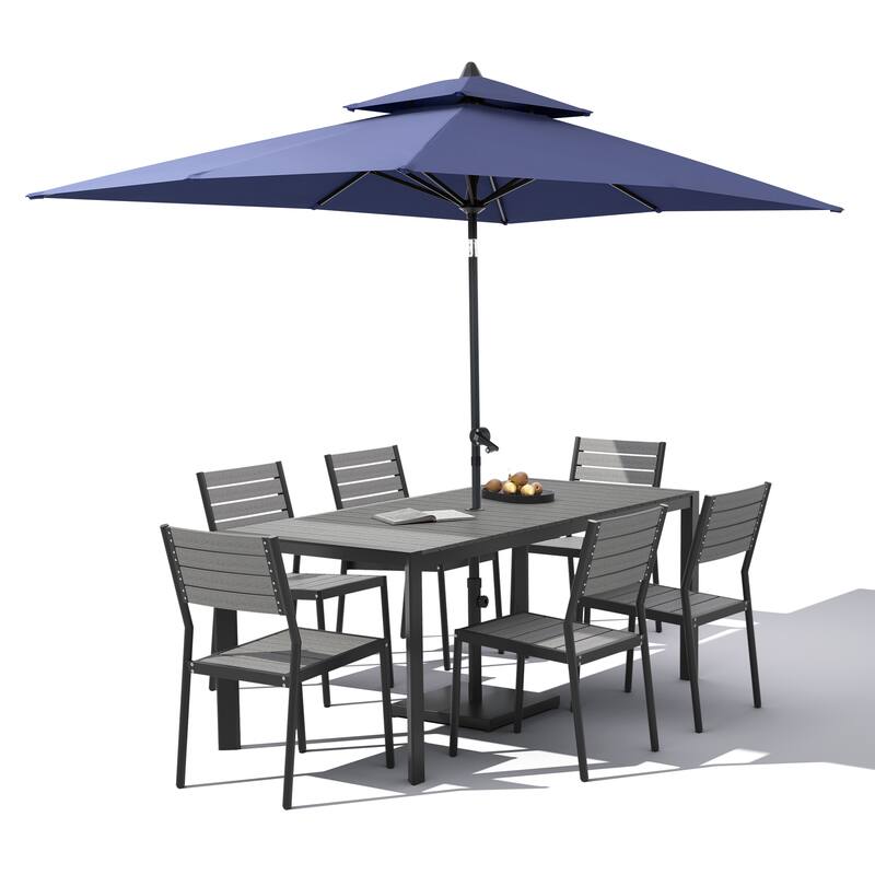 9-Piece Outdoor Patio Dining Set Wood Like Aluminum Umbrella Hole Table with Stackable Chairs, Market Umbrella and Base