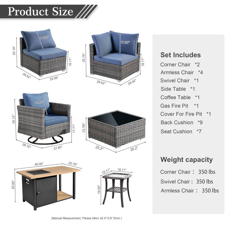 HOOOWOOO 10-piece Grey Rattan Patio Furniture Set with Fire Pit