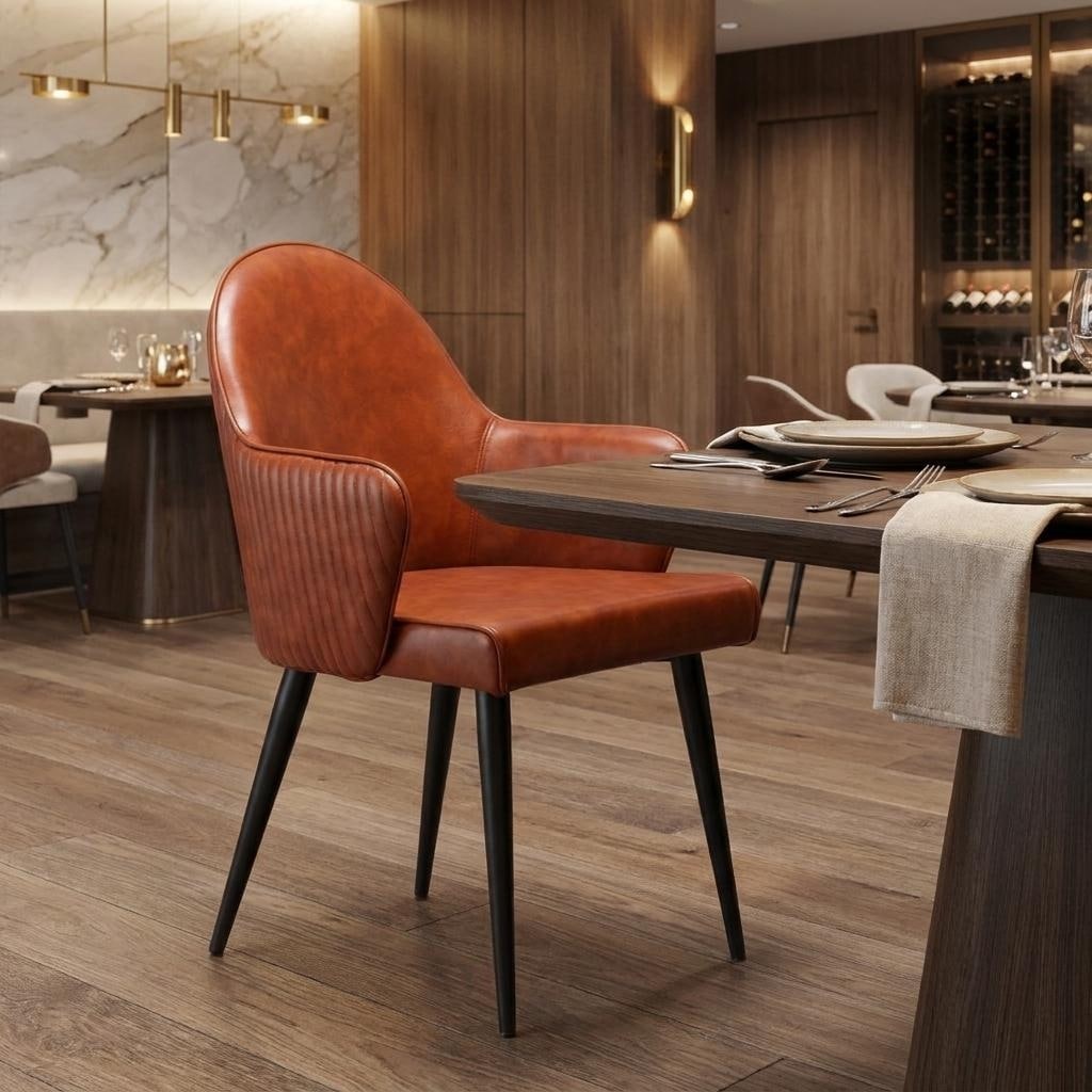 HomeRoots Brown And Black Faux Leather And Steel Dining Arm Chair - 21.70 in. x 33.70 in. x 22.20 in.