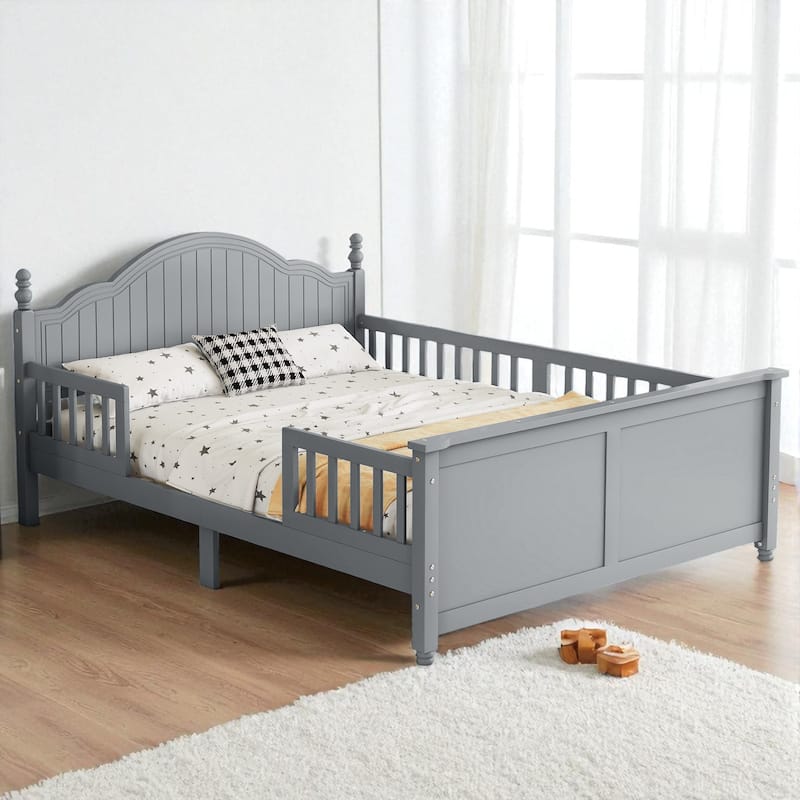 Twin/Full Size Wooden Kids Bed with Headboard, Footboard, Guardrails and Storage, Platform Bed Frame