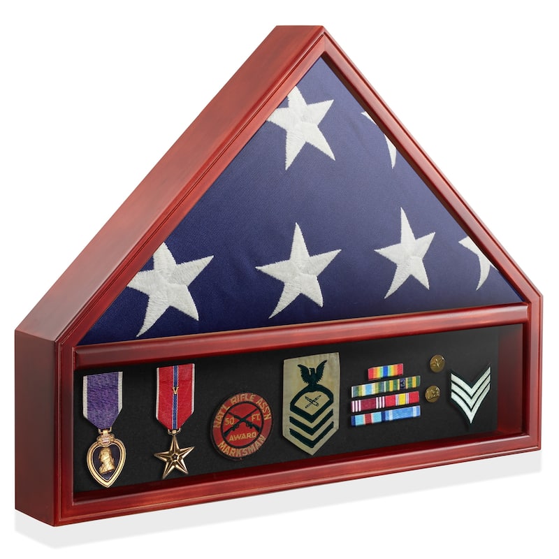 Military Medal and  Burial Flag Shadow Box Display Case - Mahogany