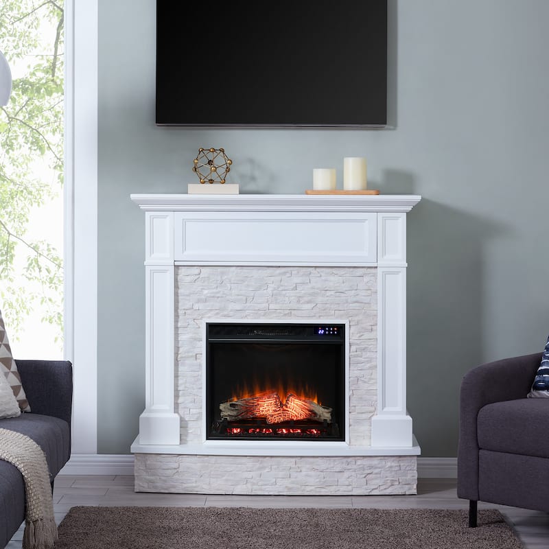 SEI Furniture Ashfield White Faux Stone Electric Fireplace with Storage - Mirrored Reflector Firebox