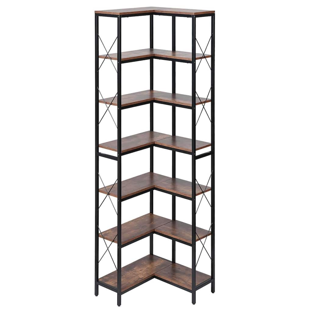7-Tier Black-Brown Metal Wood L-Shaped Corner Bookshelf for Home Office or Living Room - 23.6 x 23.6 x 78.7 in