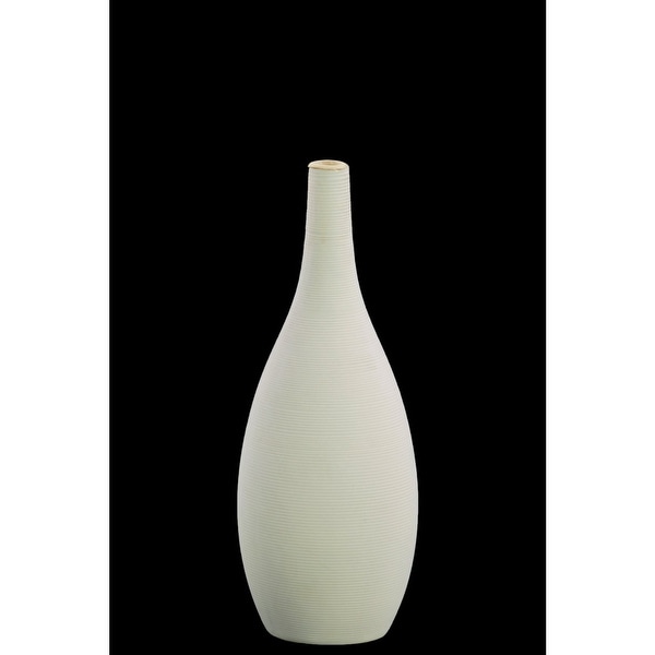 Ceramic Round SM Combed Vase with Small Mouth and Bellied Bottom, White