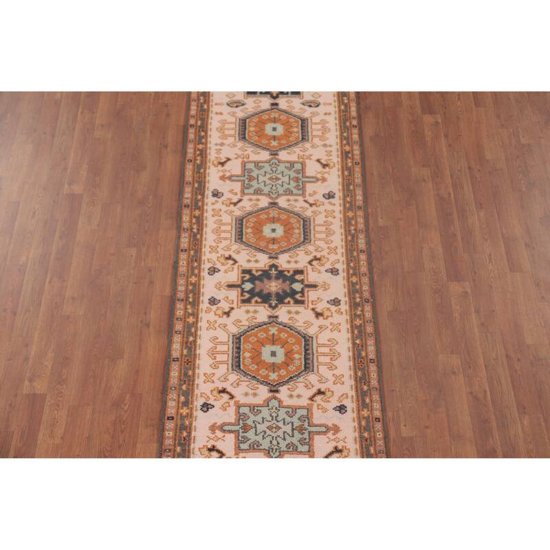 Geometric Pink Kazak Runner Rug Handmade Oriental Wool Carpet - 2'7"x 9'11"