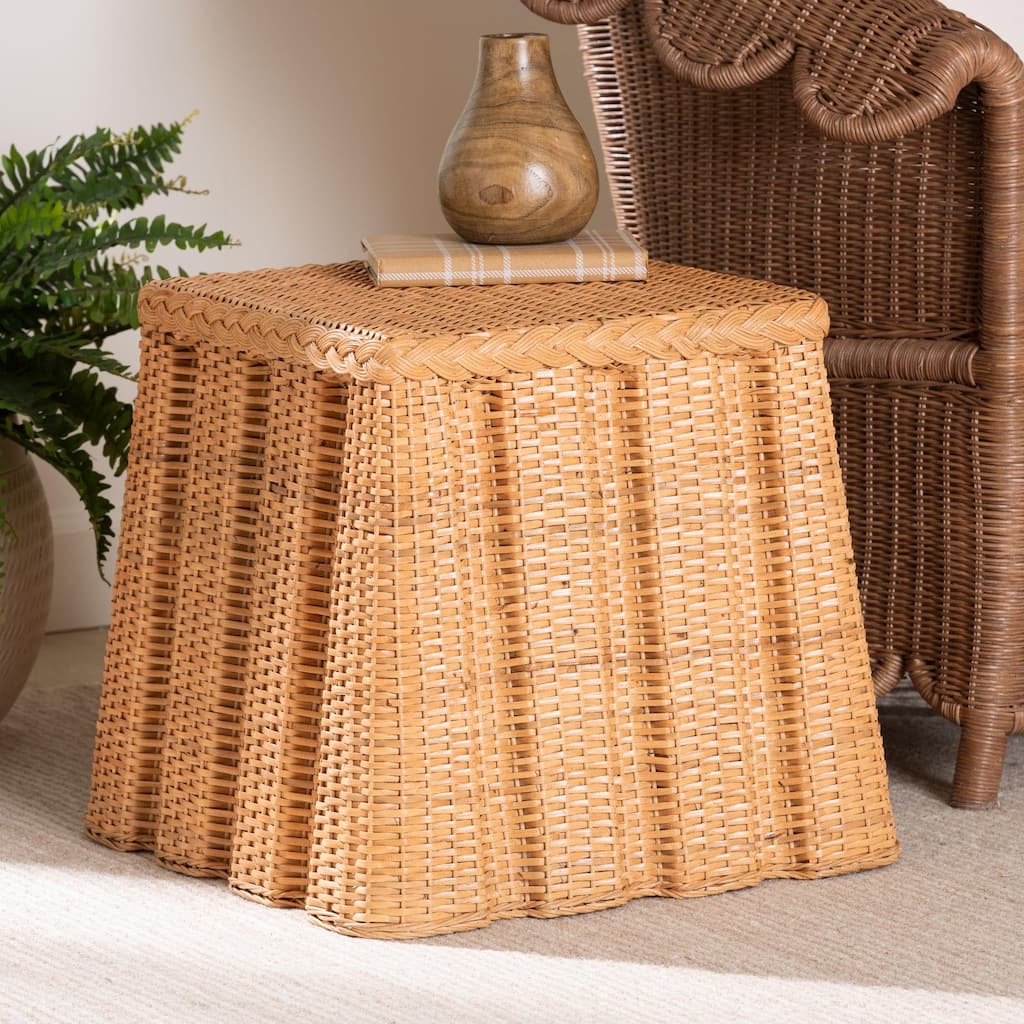 Andrea Natural Rattan End Table - Handwoven Wicker Accent Table with Pleated Skirt, Boho Coastal Side Table