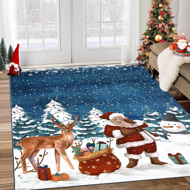 Soft Non-Slip Washable Christmas Santa Claus Area Rugs, Xmas Holiday, Blue - 6*9ft
