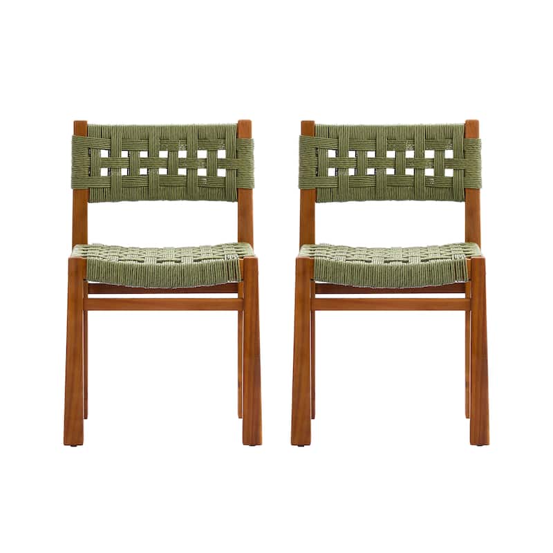 Christopher Knight Home - Acacia Wood Outdoor Patio Dining Chairs with Wicker (Set of 2) - Green,Teak