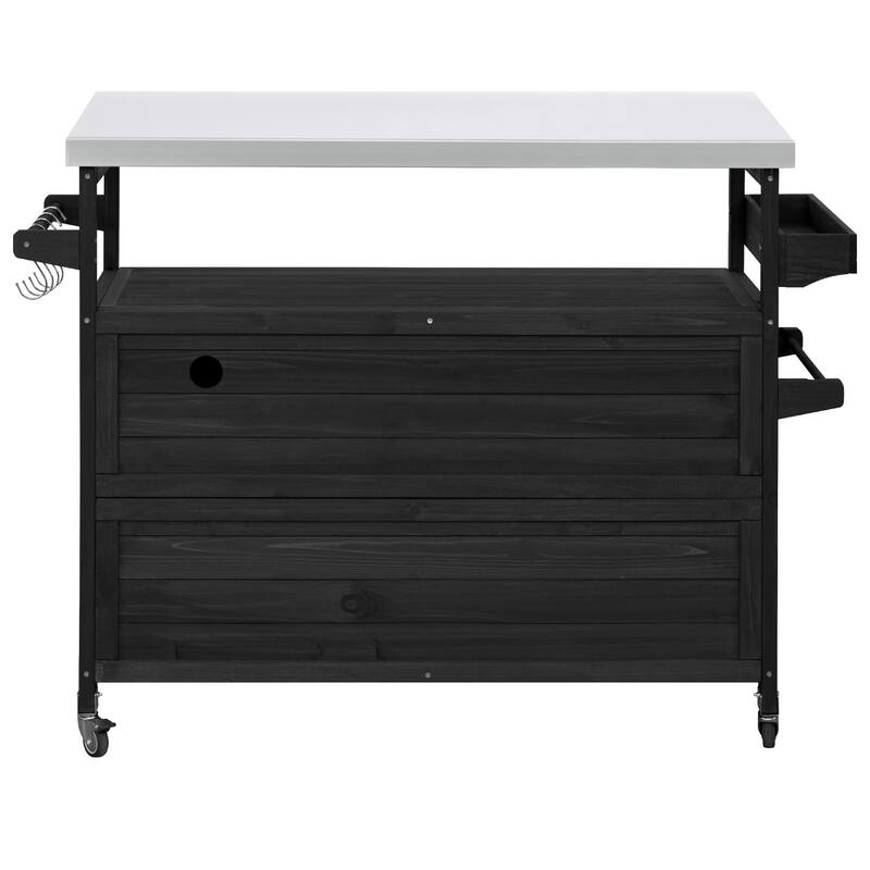 Outdoor Kitchen Island, Rolling Bar Cart & Storage Cabinet, Solid Wood Outdoor Grill Table with Stainless Steel Top