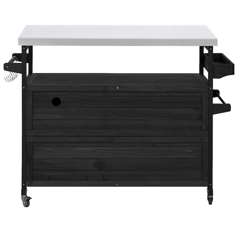 Outdoor Kitchen Island with Spice Rack, Rolling Bar Cart & Storage Cabinet, Wood Grill Table with Stainless Steel Top