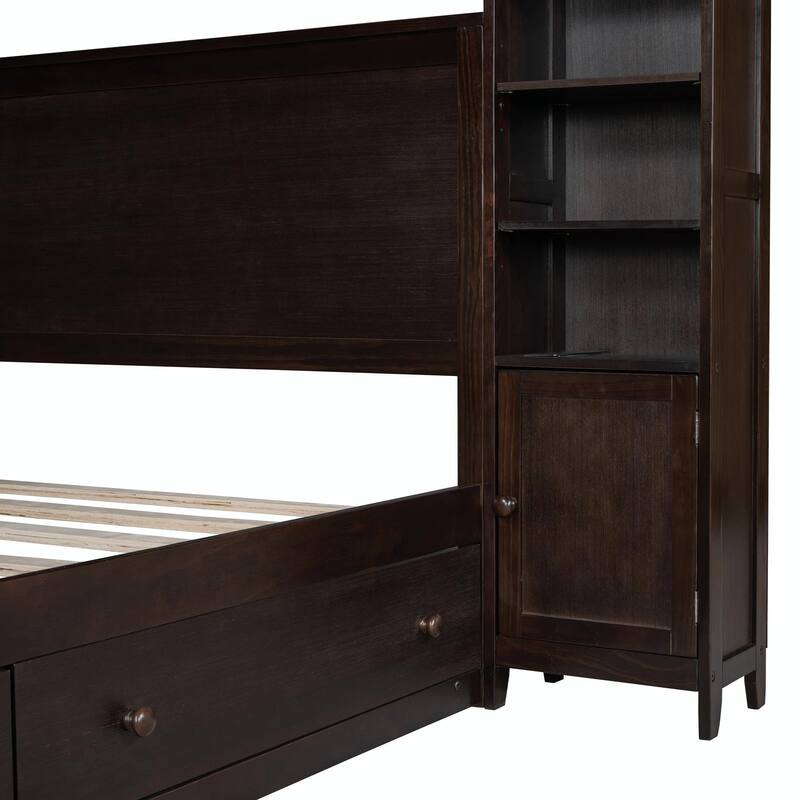 Wooden Bed with Built-in Cabinet, Shelf, and Sockets