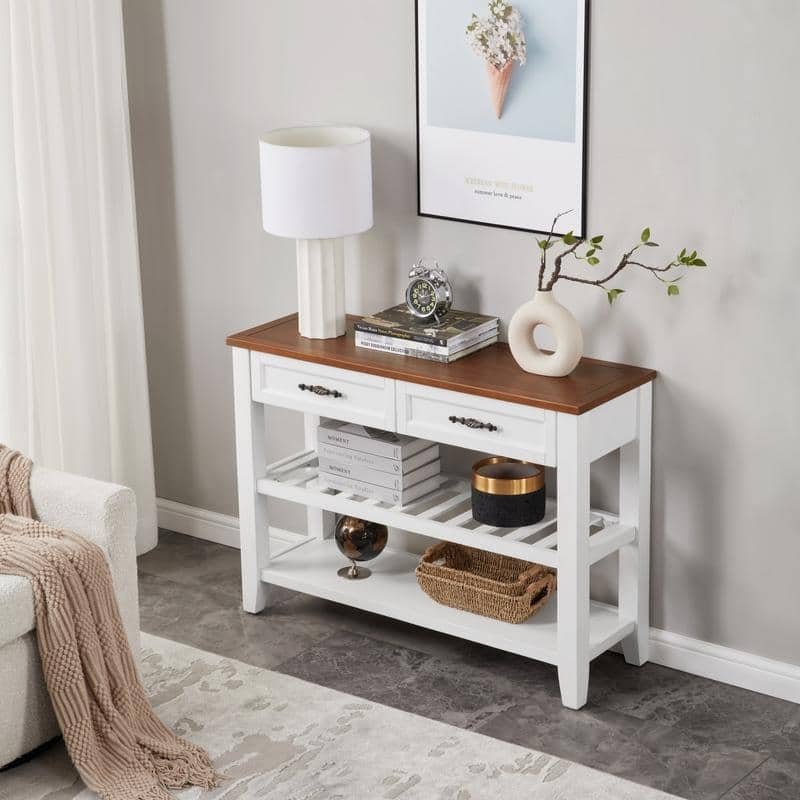 Vintage-Inspired Pine Console Table - Two-Tier Open Shelf Design for Living Spaces‌. - Brown+White