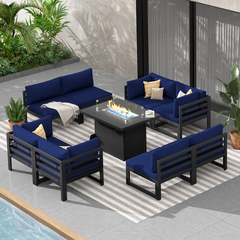 FINCATI Aluminum Outdoor Patio Furniture Conversation Sectional Sofa Set - 9 Pieces-A - Navy Blue