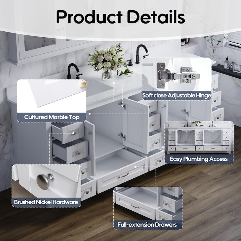 84''W Solid Wood Frame Bathroom Vanity With Pure White Culutered Marble Countertop And Double Sink