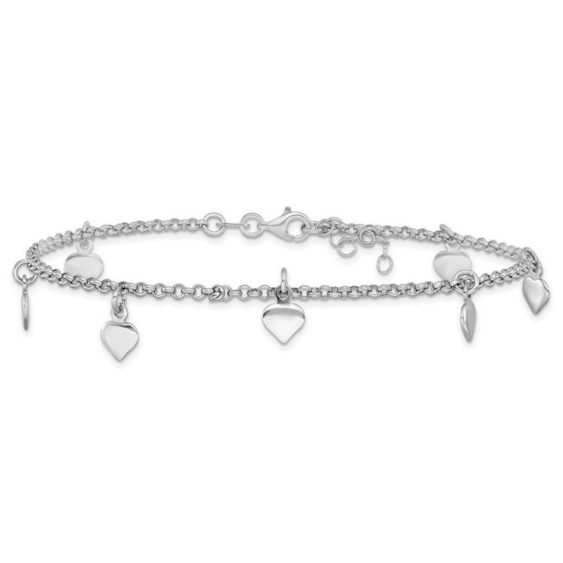 Curata 925 Sterling Silver Polished Dangling Hearts Adjustable Anklet (9 10) Inch
