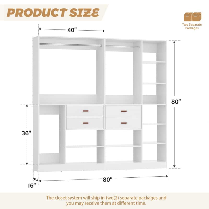 80''W Set of 2 Freestanding Closet System with Drawers, Reversible Wardrobe for Walk-in/ Reach-in Closet