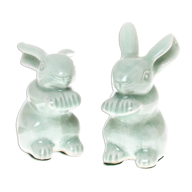 Novica Handmade Green Rabbits Celadon Ceramic Figurines (Pair)