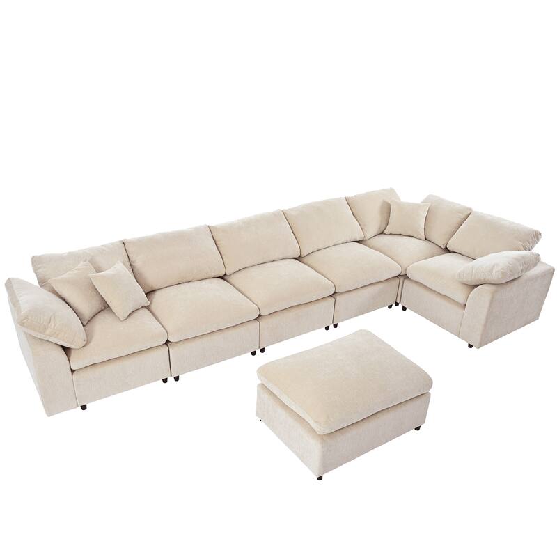 Oversized Corner Sofa Set with Ottoman, Polyester Modular Sectional Sofa for Livingroom 7-Seater L Shaped Sofa