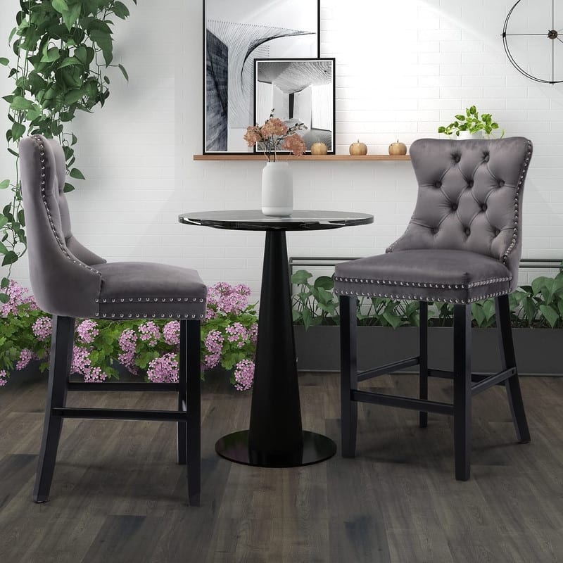Wing Back Velvet Tufted Nailhead Barstools(Set of 2)