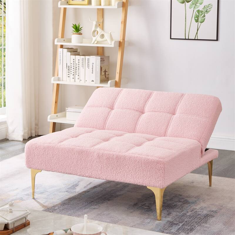Convertible Single Sofa Bed Futon with Gold Metal Legs Teddy Fabric