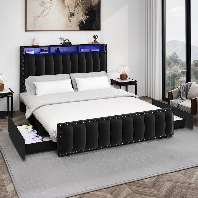 Velvet Upholstered Platform Bed with 4 Storage Drawers and RGB LED Lights&Charging Station