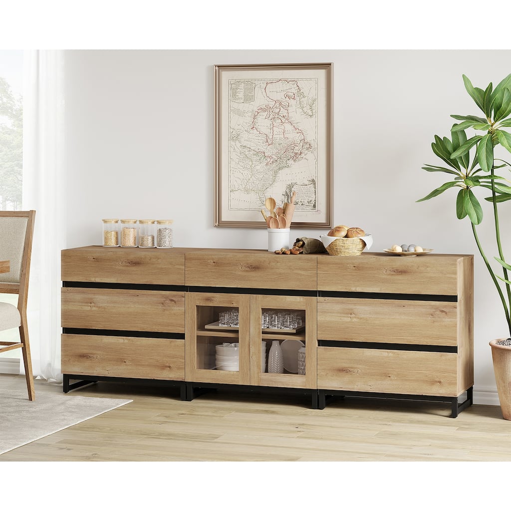 WAMPAT 3 in 1 Sideboard Buffet Cabinets with Glass Doors and 7 Drawers, Coffee Bar Cabinet Storage Cabinet for Kitchen