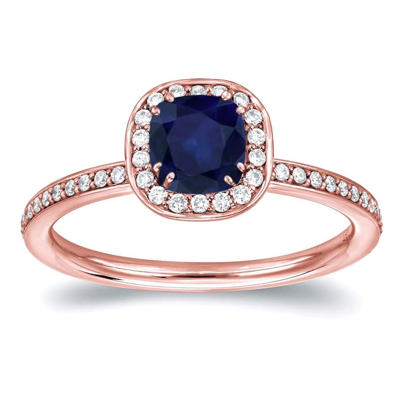 Auriya 14k Gold 3/4ct Cushion-cut Blue Sapphire Halo Diamond Engagement Ring 1/3ctw - Rose - 4