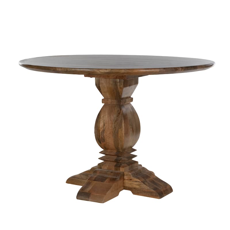 45 Inch Round Mango Wood Pedestal Dining Table with Carved Base in Brown - 45 Inch