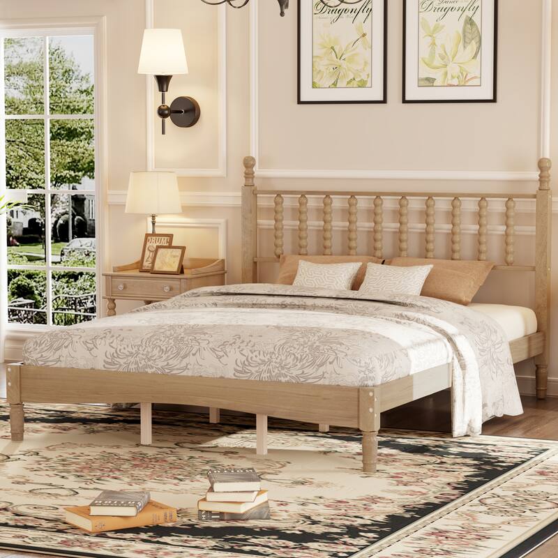 Natural Wood Queen Platform Bed with Curved Gourd Headboard, Vintage-Inspired Frame with Sturdy Slat Support
