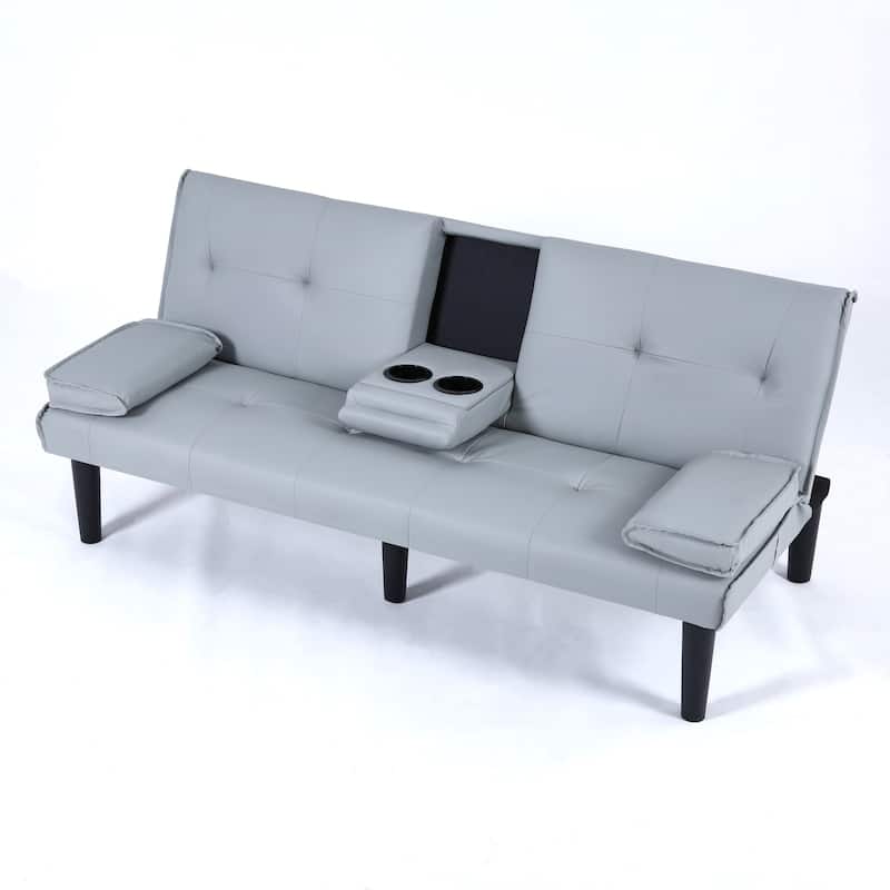 Convertible Loveseat Couch Adjustable Faux Leather Sleeper Sofa Bed with Coffee Table, Cup Holders and Removable Pillow Armrests