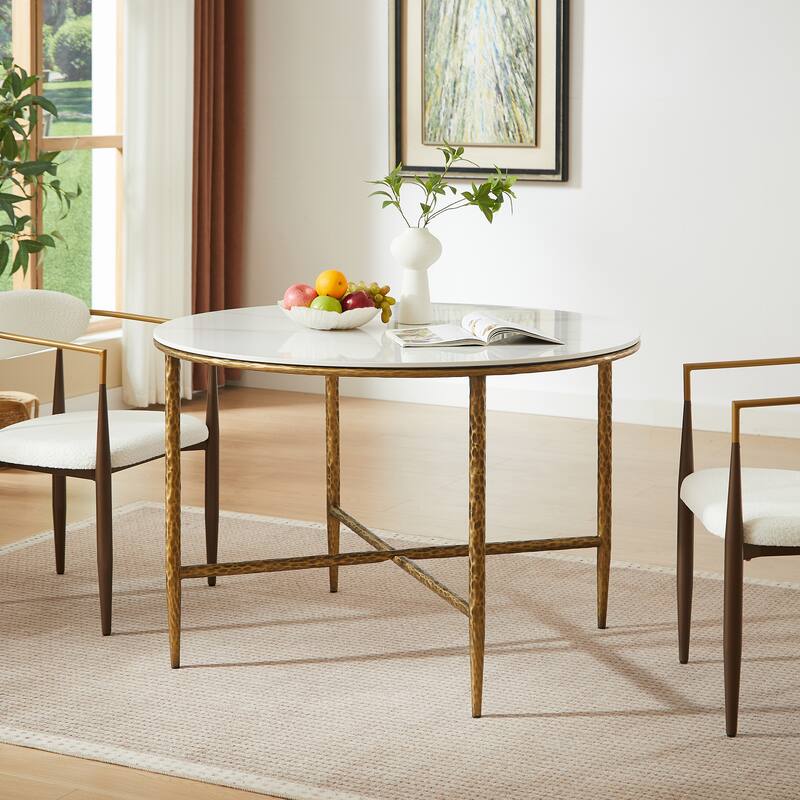 Christopher Knight Home - Modern Sintered Stone Round Dining Table with Forged Brass Metal Legs - Forged Brass