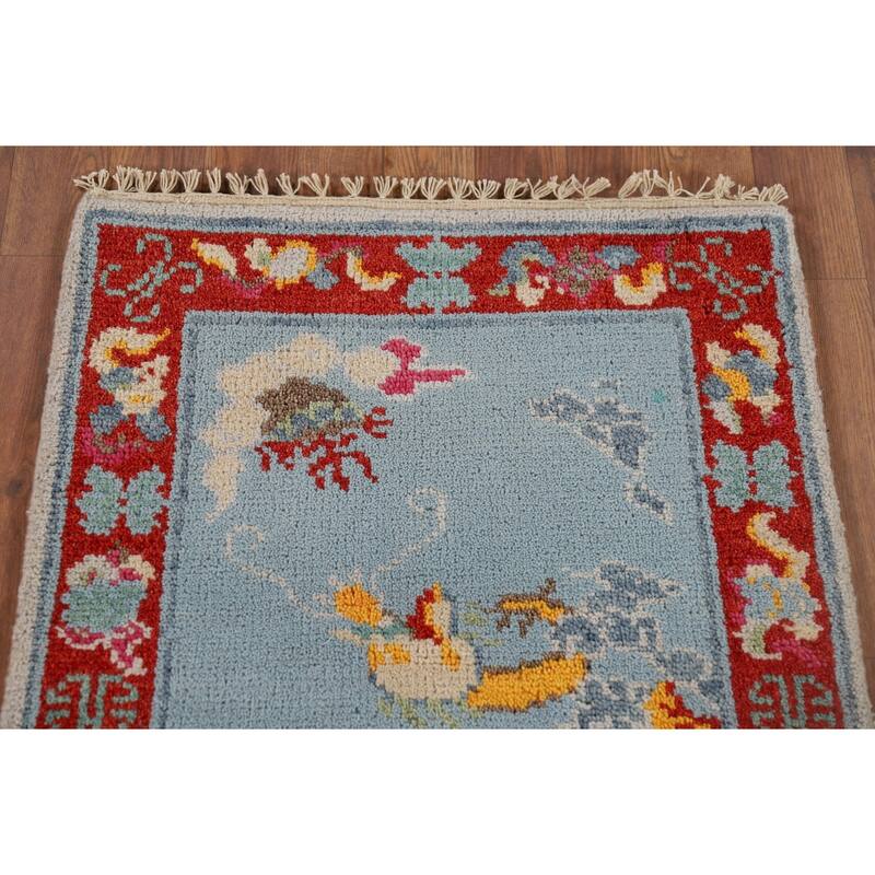 Hand Knotted Oriental 100% Wool Carpet Traditional Bordered Navy Blue & Blues Art Deco Area Rug - 3' 0'' X 2' 0''