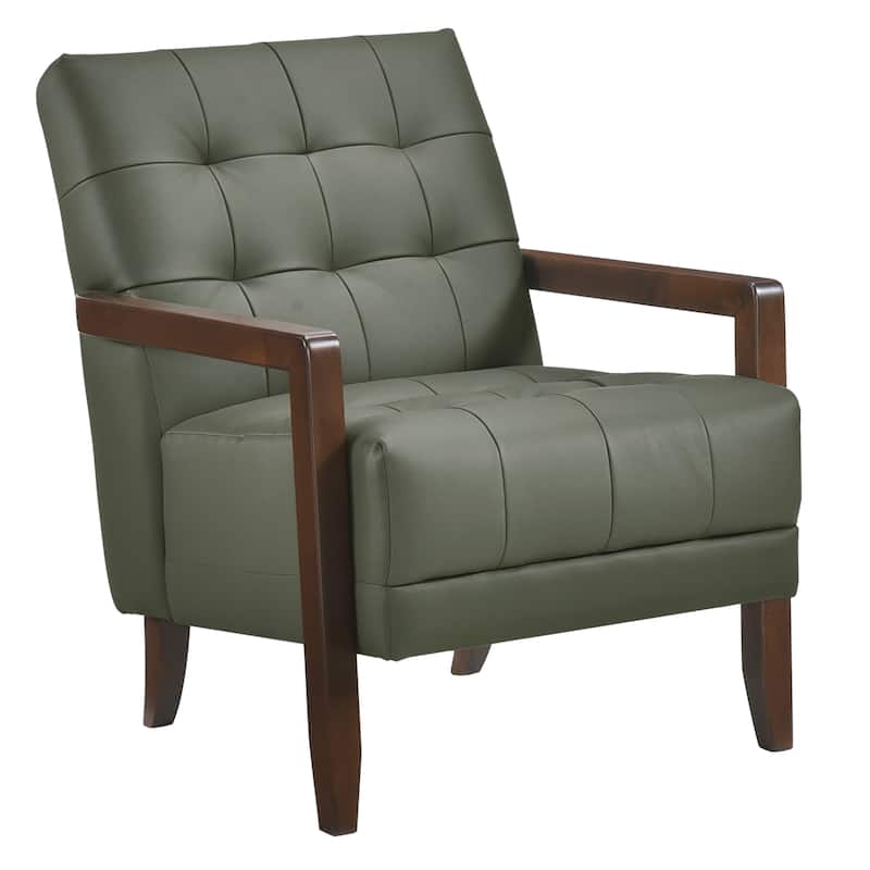 Lenie Accent Armchair, Button Tufted Green Leather, Walnut Brown Wood