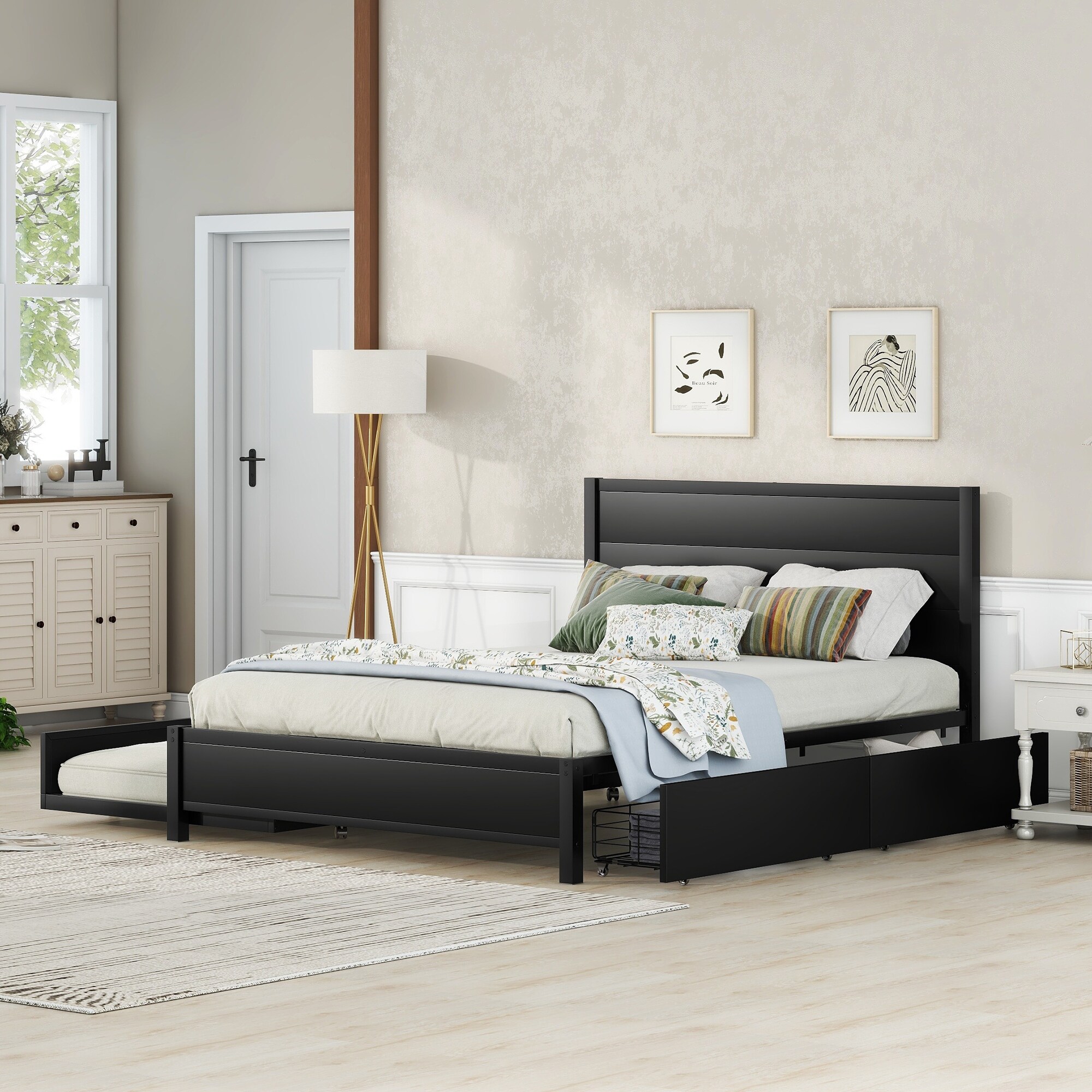 Metal bed with storage clearance drawers