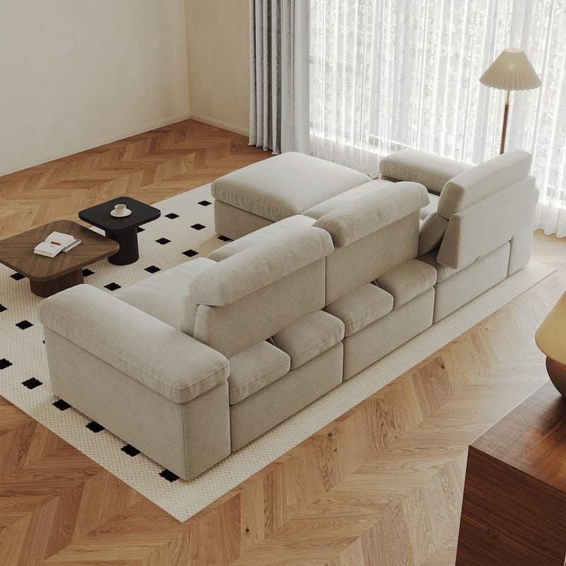 Down Filling Upholstered L-shaped Sectional Sofa with Storage Ottoman and Armrests, Chaise Modular Couch with Adjusted Backrest