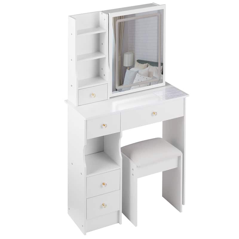 29.2" Small Size Left Drawer Desktop Vanity Table + Cushioned Stool, Large Sliding, Touch Control, Tri-color Switching