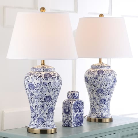 SAFAVIEH Lighting White/ Blue Blossom Ceramic Table Lamp (Set of 2) - 17" x 17" x 29"